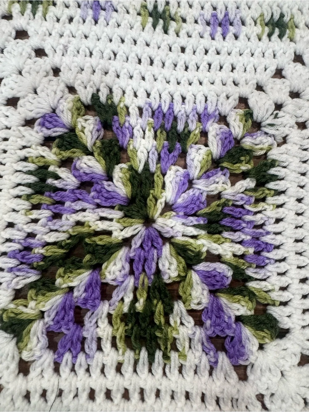 Crochet Square Blanket - White with Lavender & Green Accents 31